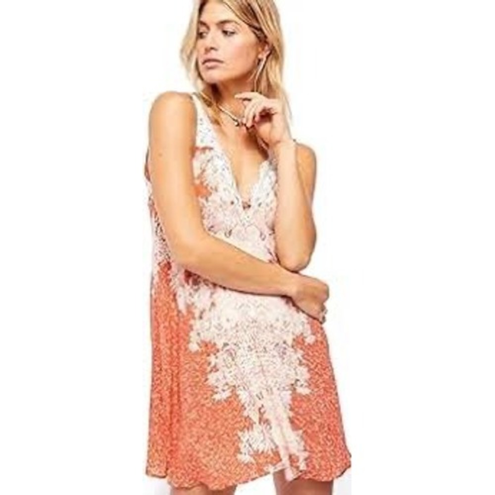 Intimately Free People Slip Dress Womens Small Orange Floral Lace Shabby Chic - Picture 2 of 12